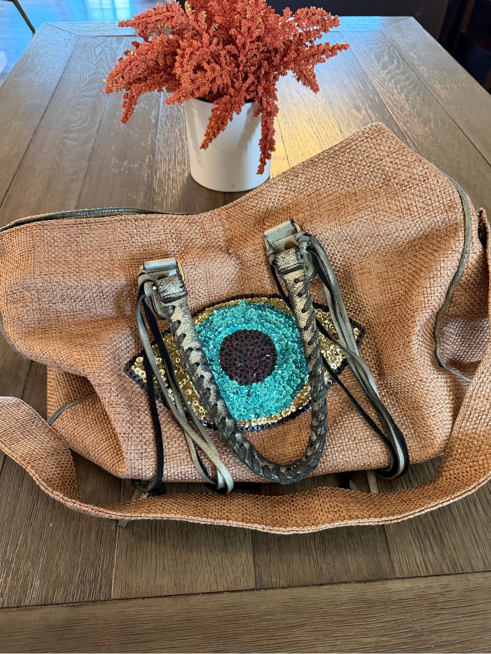 Barthelemy Rose St Barth Evil Eye Sequin Woven Tote Bag Tan Gold Boho